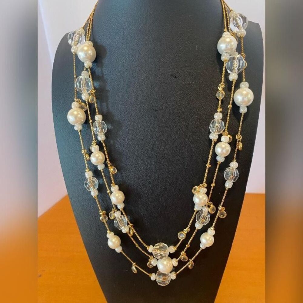 Coldwater Creek Beaded Multi Strand Necklace Gold Tone Faux Pearl Glass 16”
